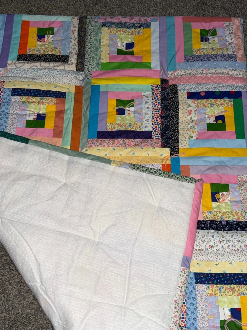 Scrappy log Cabin Quilt 38”x48”